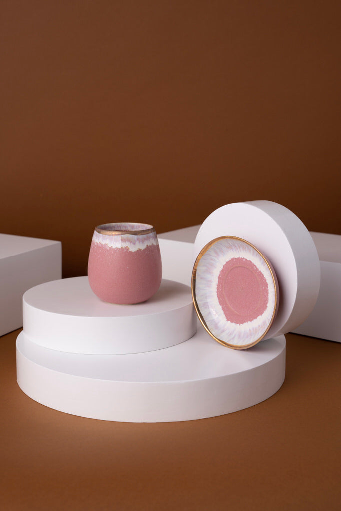 L1 Ceramic Cup With Saucer Pink & Gold
